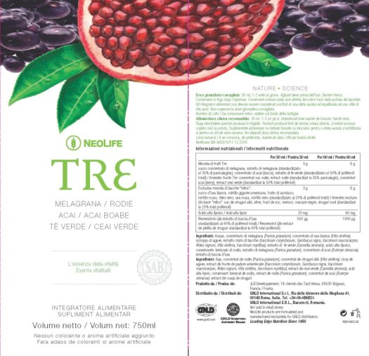 Eticheta produsului TRE de la NeoLife, GNLD